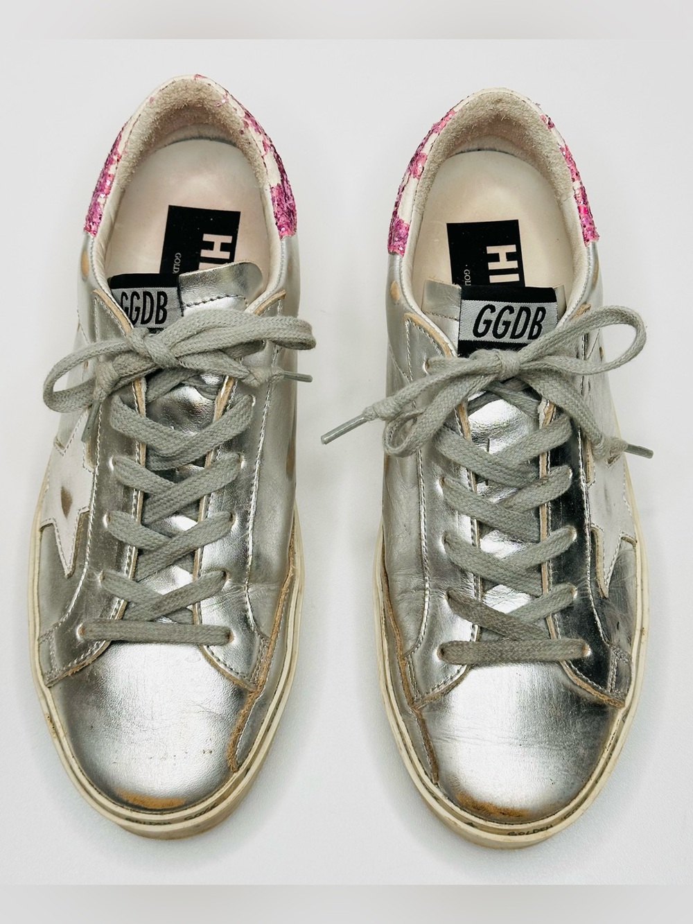 Golden Goose Hi Star Silver Leather Pink Glitter Heel Low Top Sneakers Shoes - Picture 2 of 14